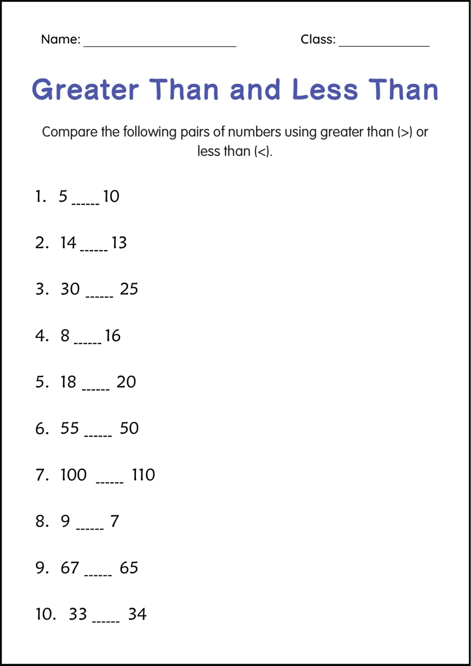 Greater than and less than: students write > or < between 10 number pairs such as 5 and 10, 14 and 13, and 100 and 110