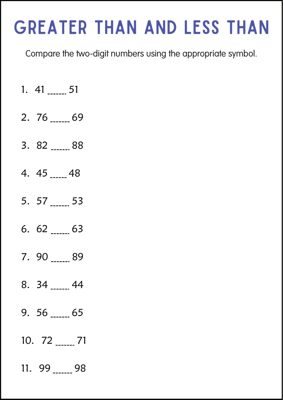 Comparing two-digit numbers: students write > or < for 11 pairs such as 41 and 51, 76 and 69, and 90 and 89