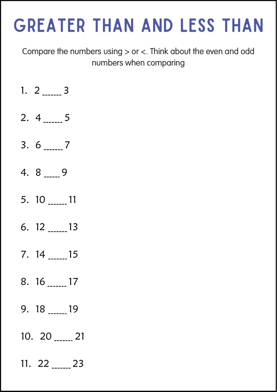 Comparing consecutive even and odd numbers: students write > or < for 11 pairs from 2 and 3 up to 22 and 23