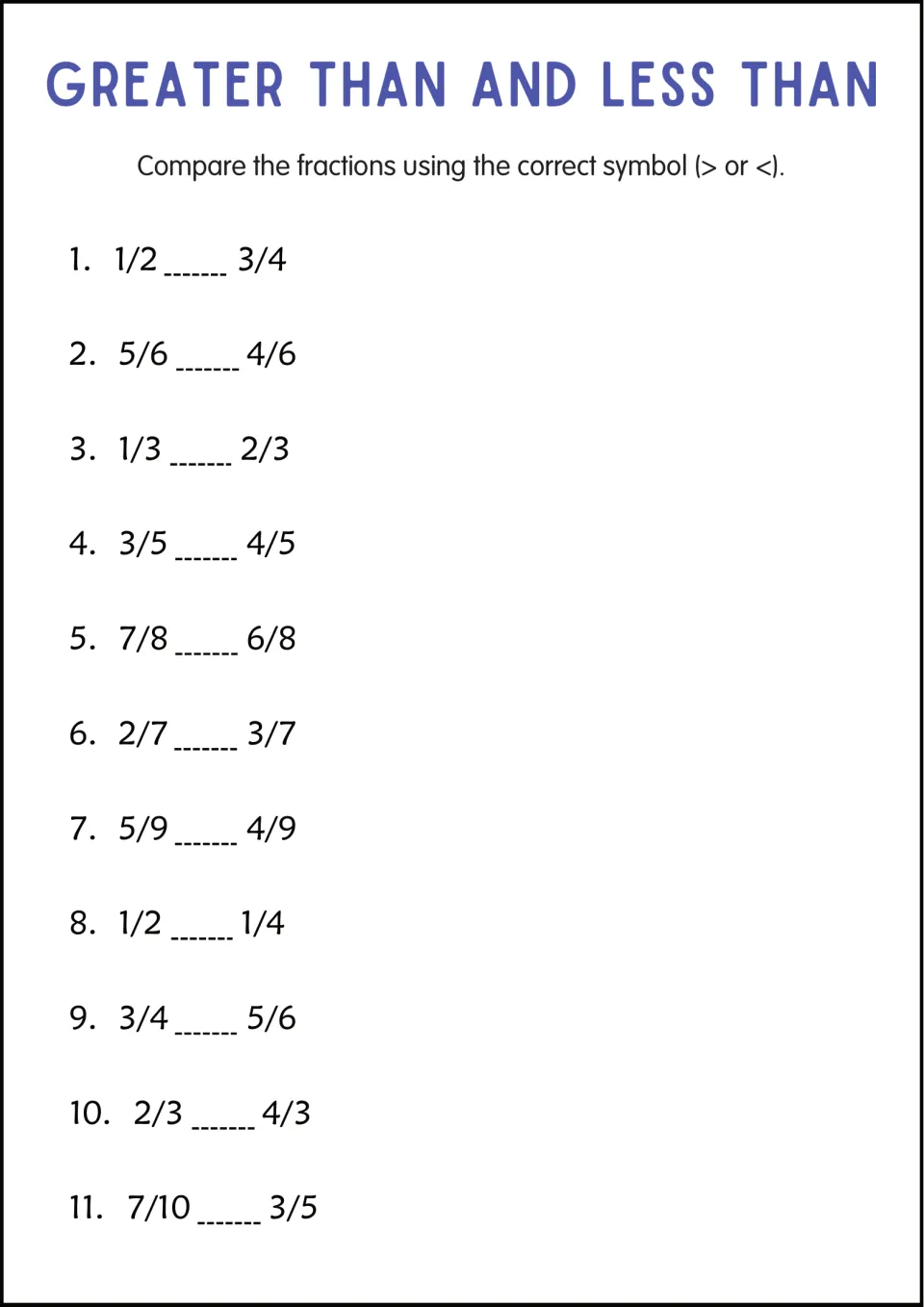 Comparing fractions: students write > or < for 11 pairs such as 1/2 and 3/4, 5/6 and 4/6, and 7/10 and 3/5