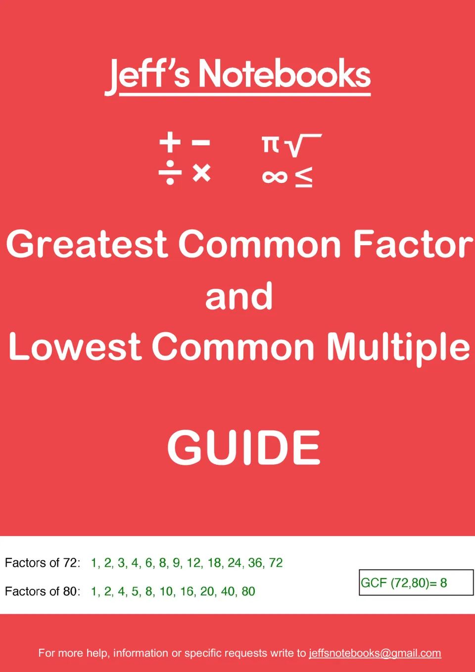 Greatest Common Factor and Lowest Common Multiple guide cover by Jeff's Notebooks, showing factors of 72 and 80 with GCF 8