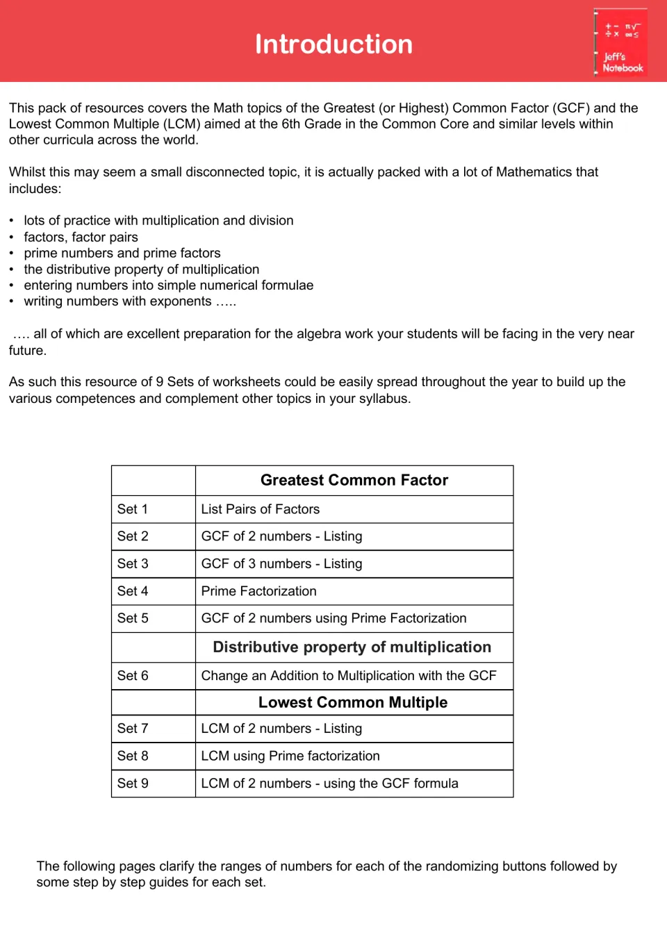 Introduction to GCF and LCM: skills covered and a table of 9 worksheet sets, from listing factor pairs to the LCM formula