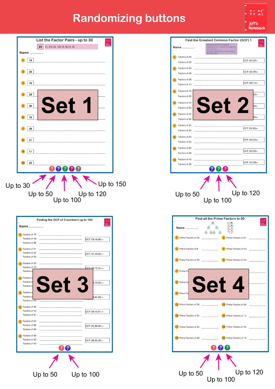 Randomizing buttons for Sets 1 to 4: factor pairs, GCF of 2 and 3 numbers and prime factors, with ranges up to 30 to 150