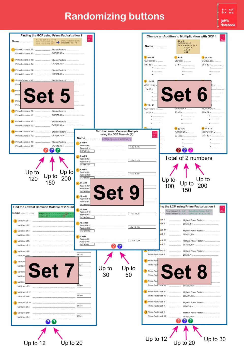 Randomizing buttons for Sets 5 to 9: GCF by primes, addition to multiplication and LCM sheets, with each button's range
