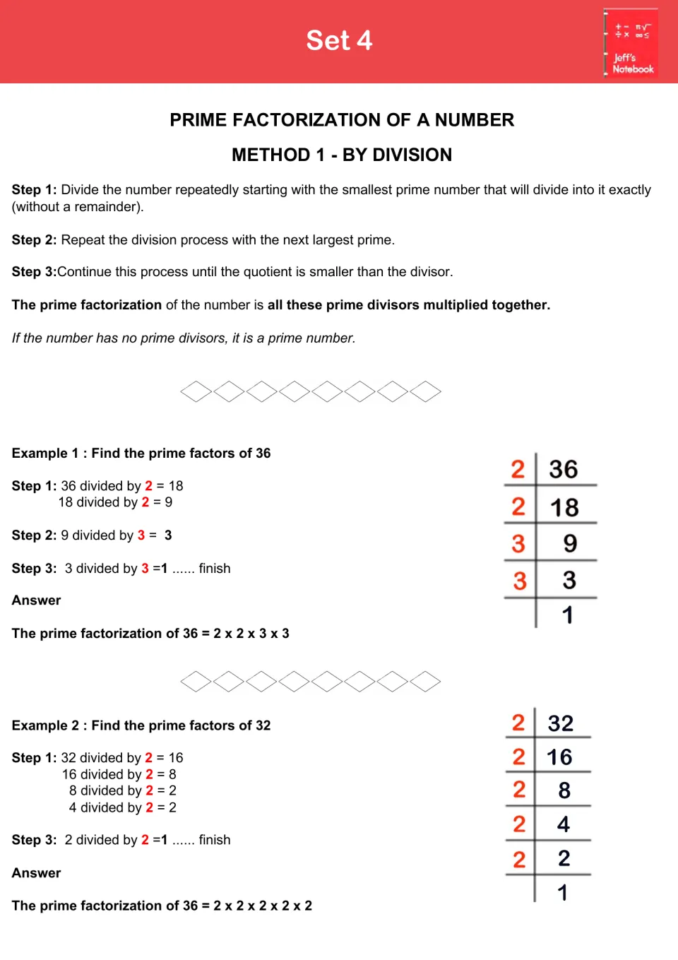 Set 4 prime factorization by division: repeated division by primes, with worked ladder examples for 36 and 32