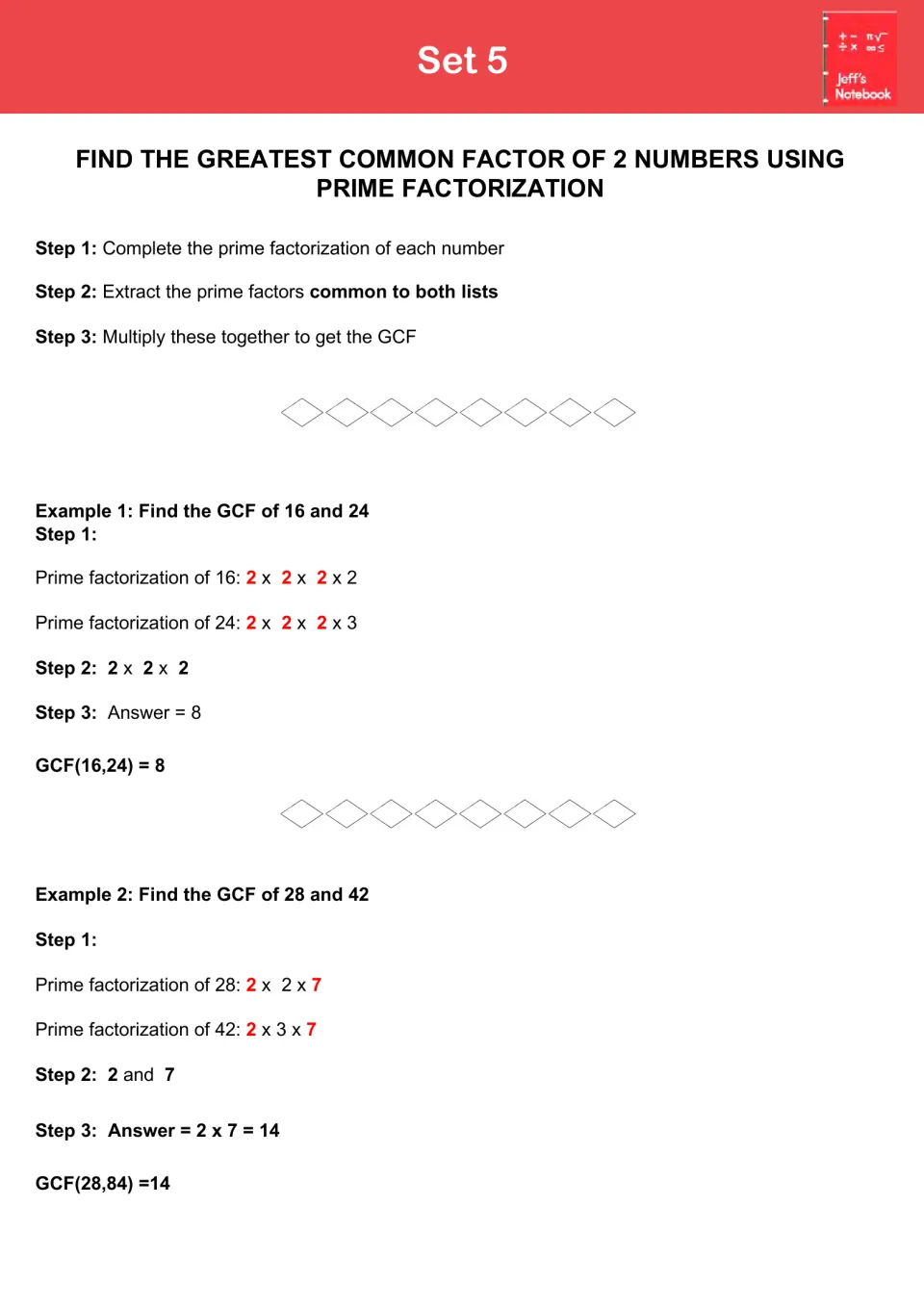 Set 5 GCF using prime factorization: common primes multiplied, with worked examples for 16 and 24, then 28 and 42