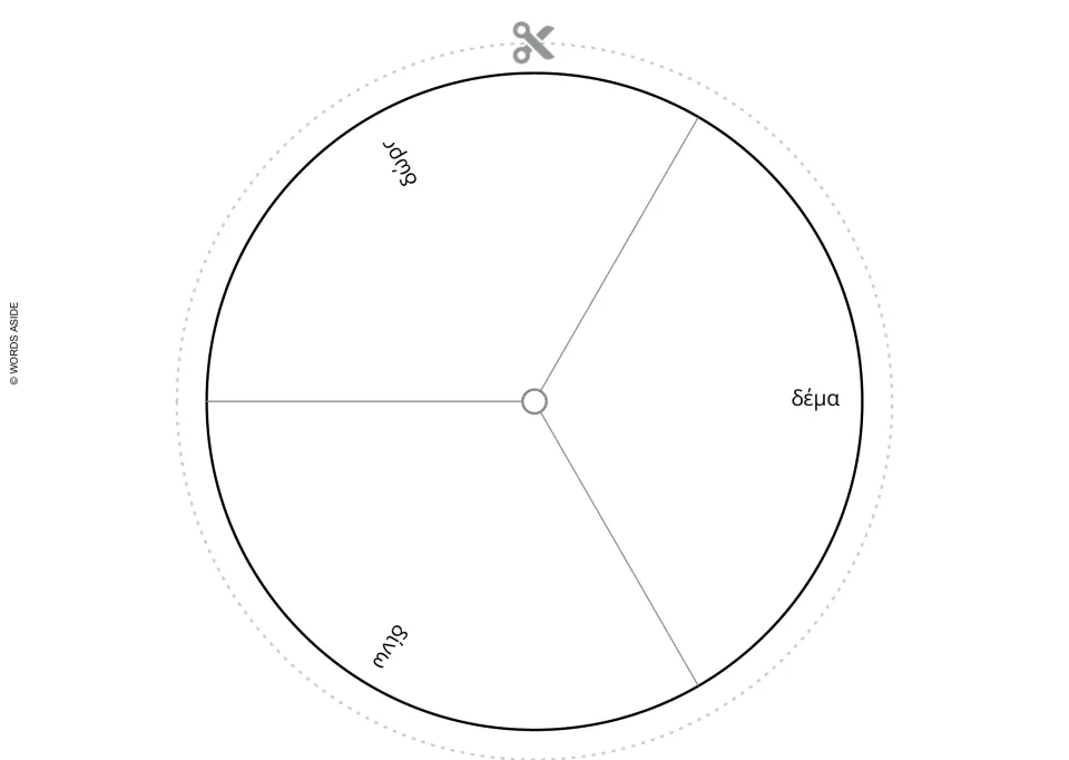 Greek cut-out word wheel for δ vocabulary practice: δέμα (package), δώρο (gift), and δίνω (I give)
