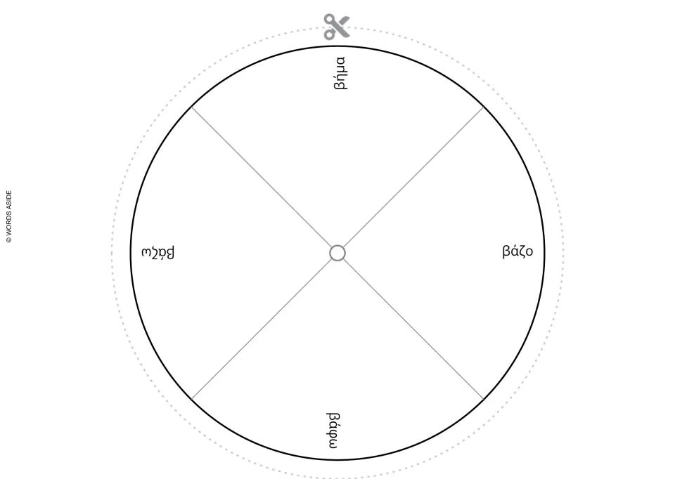 Greek word wheel for cutting out: βάζο (vase), βήμα (step), βάζω (I put), and βάφω (I paint)