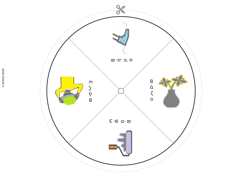 Greek picture-and-letter wheel pairing Βάζο (vase), Βήμα (step), Βάζω (I put), and Βάφω (I paint) with images