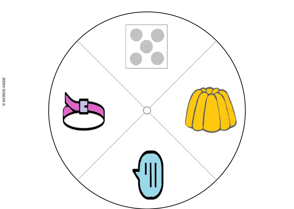 Greek ζ/Ζ picture wheel: dice, jelly mould, speech bubble and belt pictures for students to cut out and match