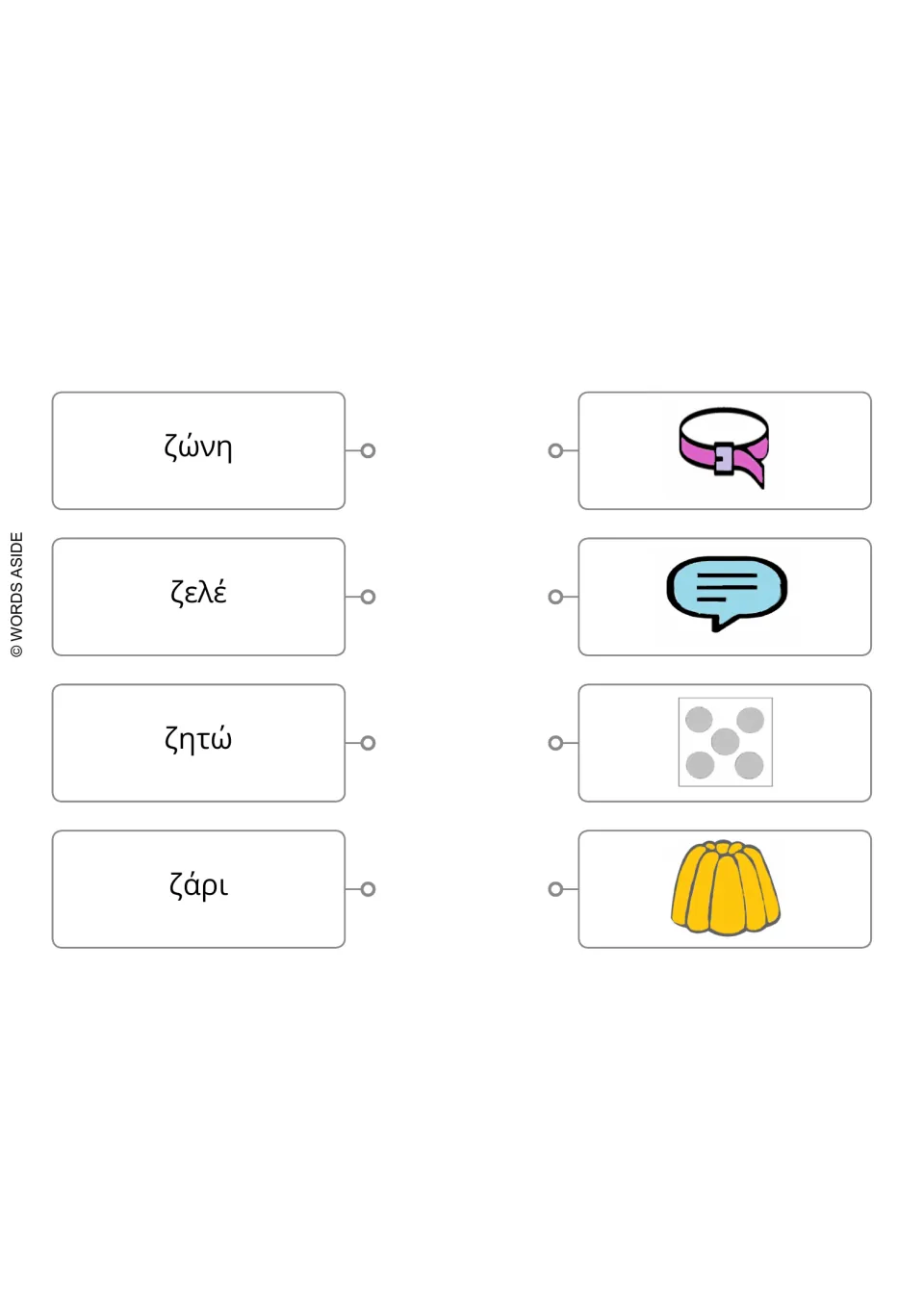 Greek ζ word matching: students link ζώνη, ζελέ, ζητώ and ζάρι to the belt, speech, dice and jelly pictures
