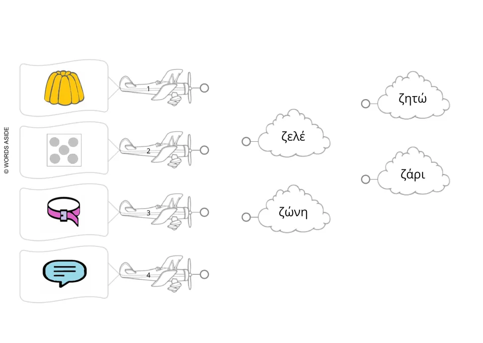Greek ζ airplane match: students link four picture-towing planes to the clouds reading ζελέ, ζώνη, ζητώ and ζάρι