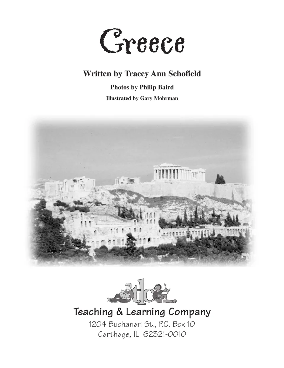 Title page naming the author, photographer Philip Baird and illustrator Gary Mohrman over a photo of the Athens Acropolis