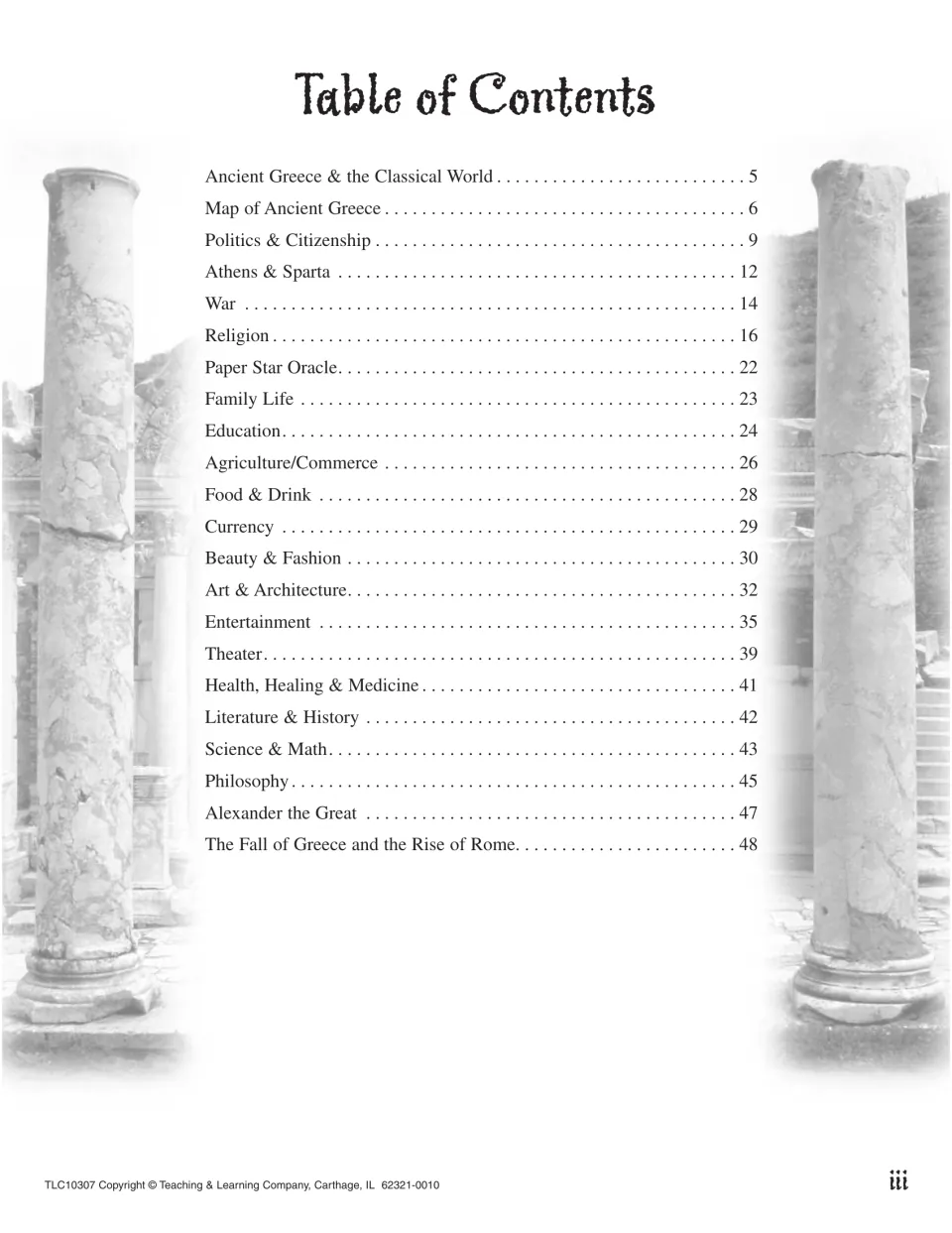Table of contents listing 22 topics from Politics & Citizenship and Religion to Philosophy and the Fall of Greece