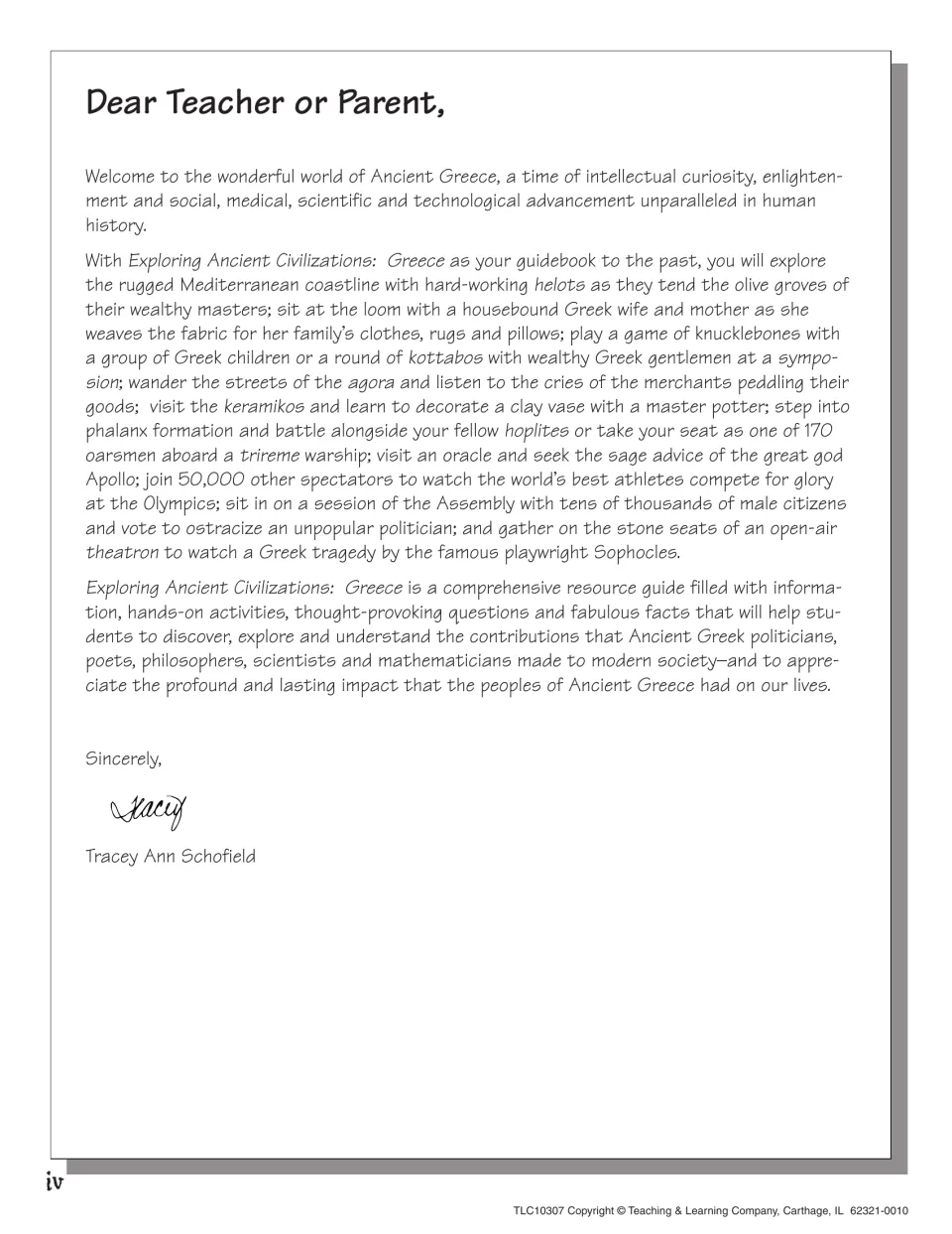 Letter to teachers and parents from the author previewing helots, the agora, triremes, oracles, the Olympics and theater