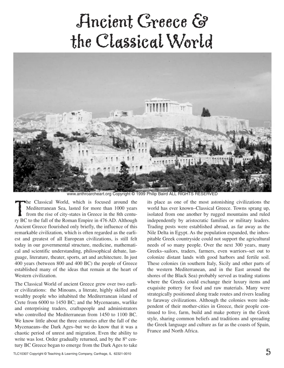 Ancient Greece & the Classical World text on Minoans, Mycenaeans, the Dark Ages and Greek colonies, with an Acropolis photo