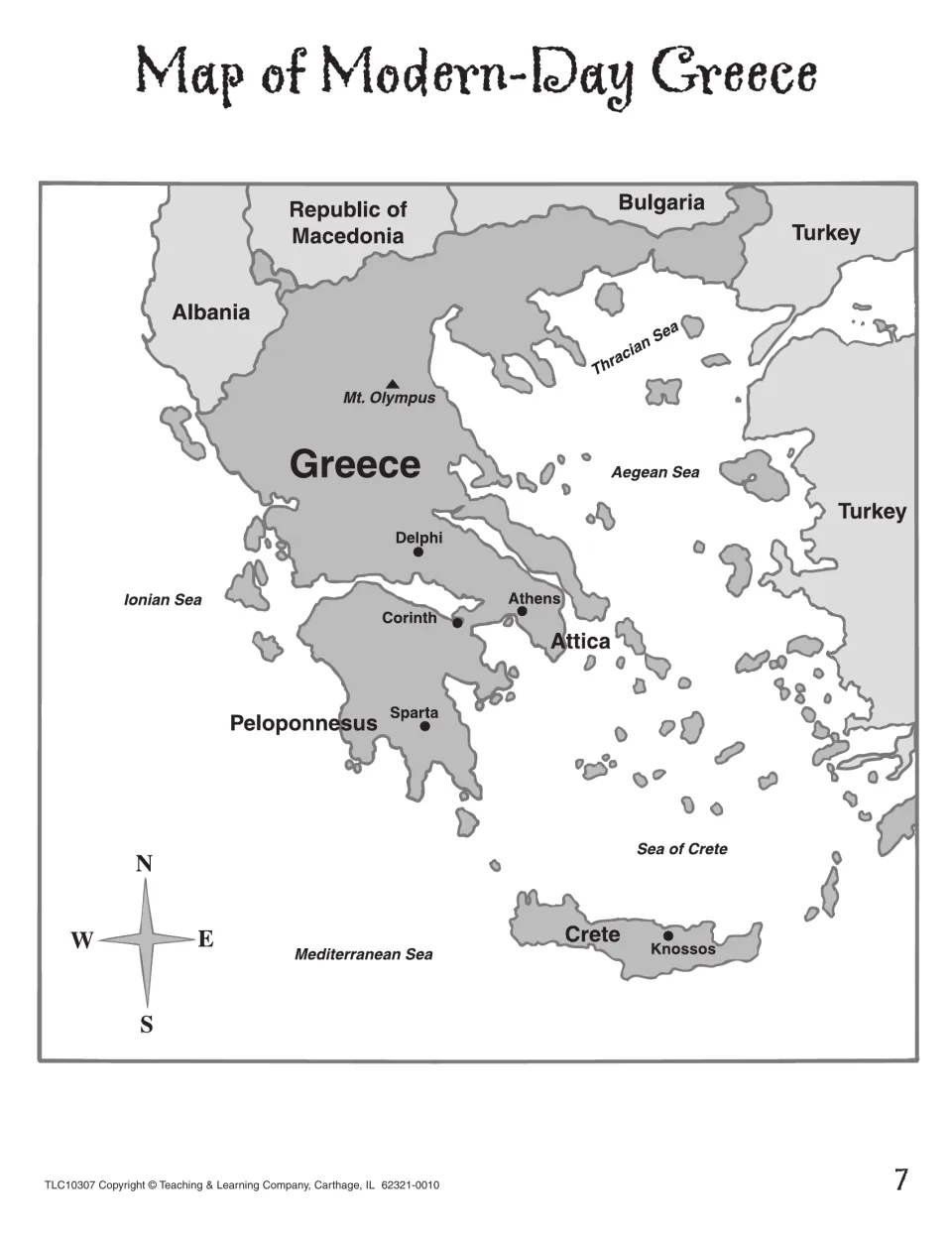 Map of modern-day Greece with Albania, Bulgaria, Turkey, Athens, Sparta, Crete and the Aegean and Ionian Seas labeled