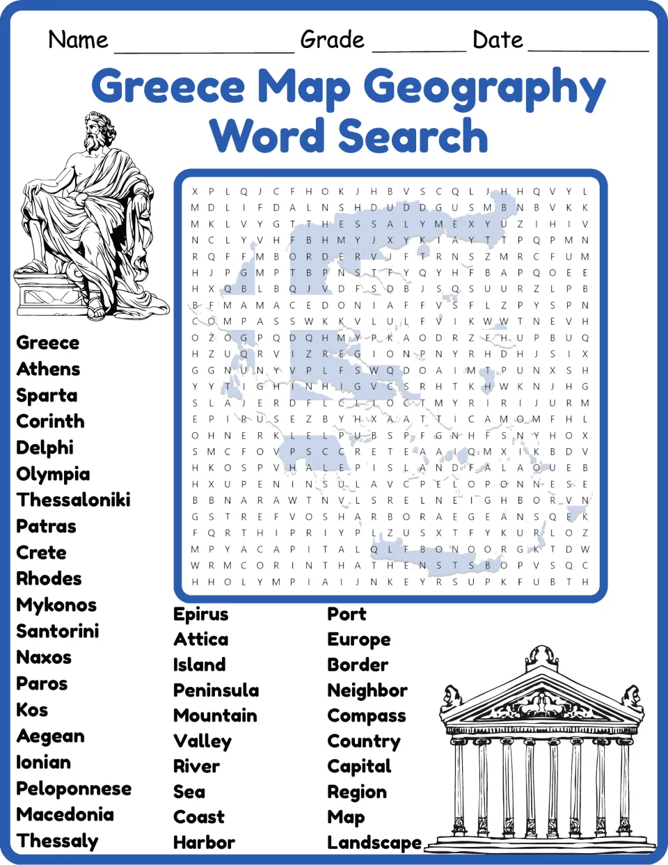 Color geography word search featuring 40 words about Greece, including Athens, Sparta, Crete, and peninsula