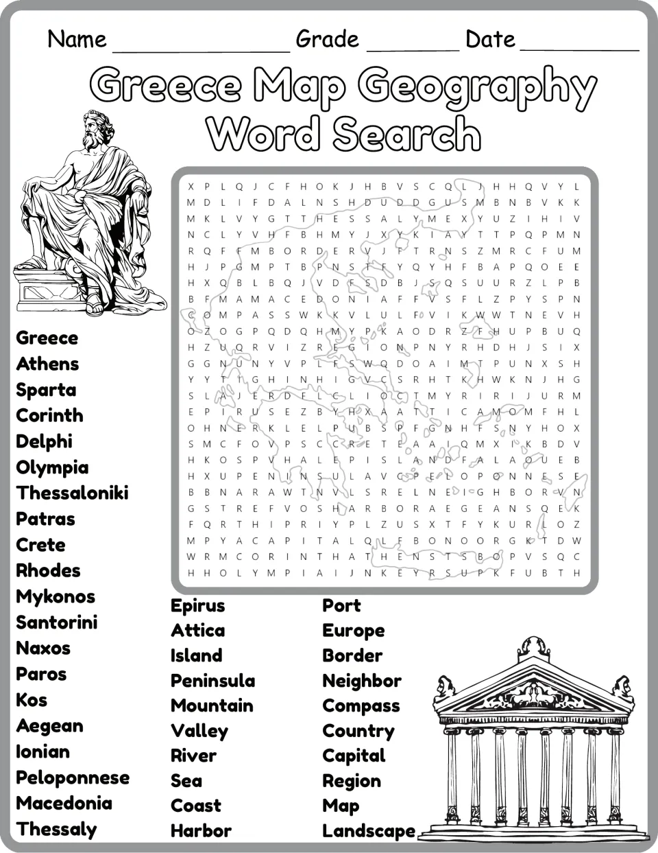 Grayscale geography word search featuring 40 words about Greece, including Delphi, Rhodes, Kos, and harbor