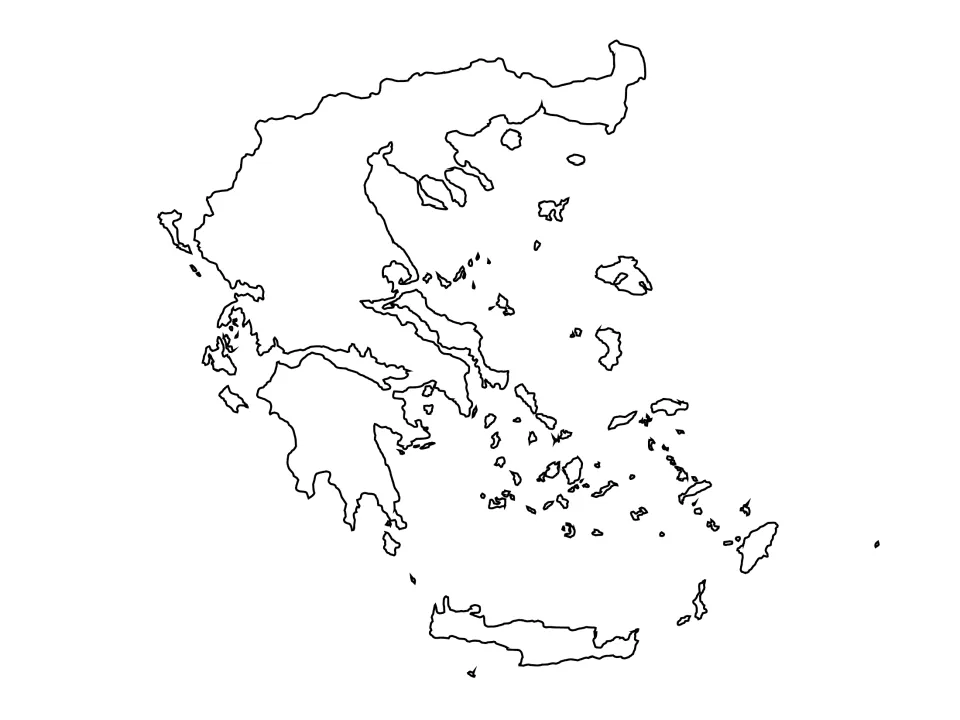 Blank outline map of Greece showing the mainland coast and Aegean islands for students to label from memory
