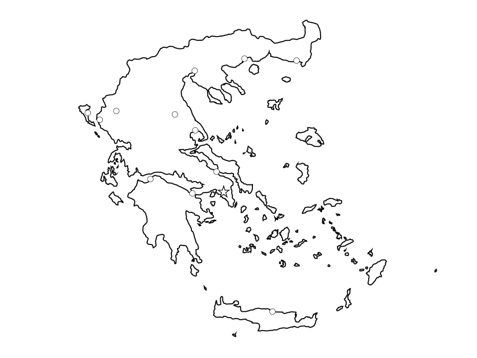 Outline map of Greece with unlabeled city dots and a star for Athens; students identify and name each city