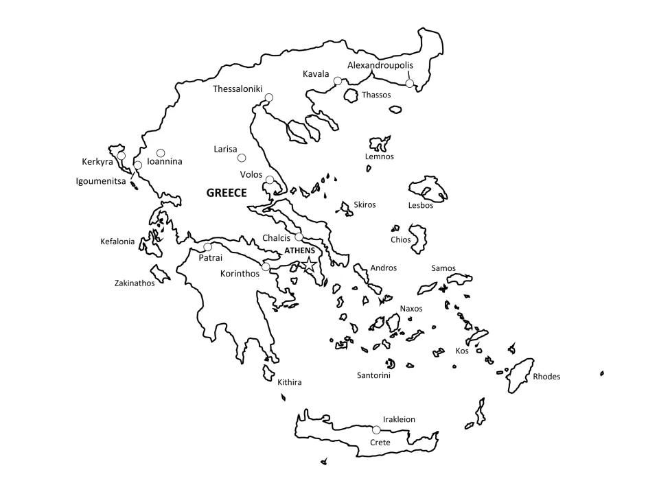 Labeled map of Greece naming Athens, Thessaloniki, Patrai and other cities plus islands such as Crete and Rhodes