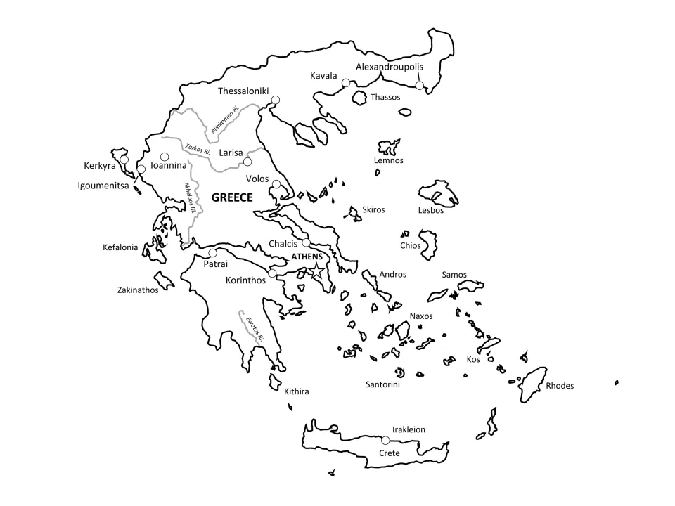 Labeled Greece map adding the Aliakmon, Zarkos, Akheloos and Evrotas rivers alongside cities and islands
