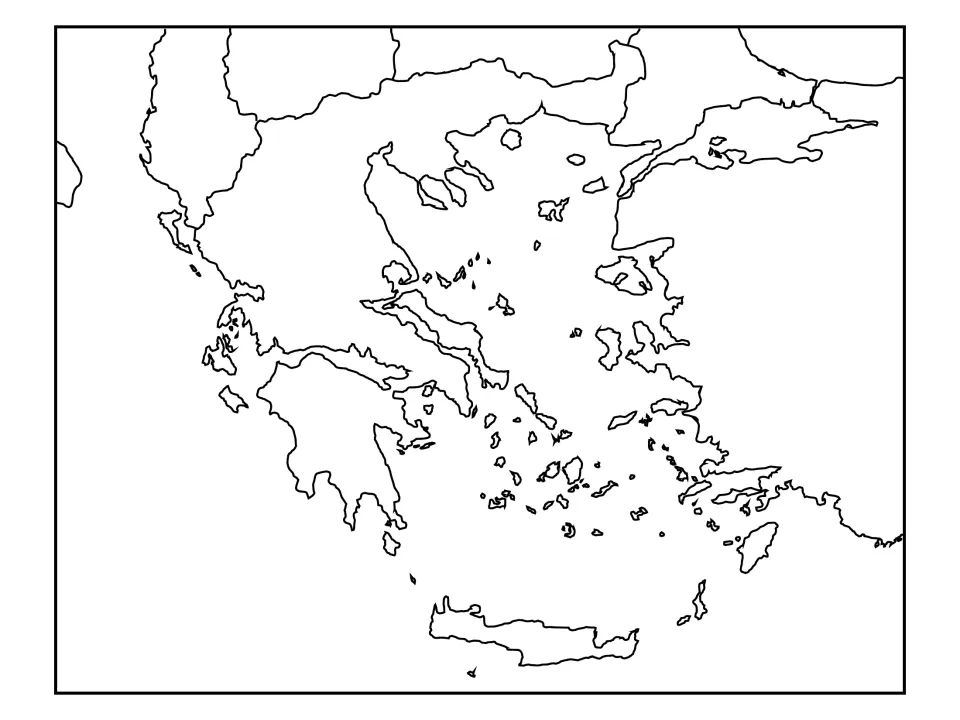 Blank regional map of Greece with outlines of neighboring countries and Turkey's coast for labeling practice