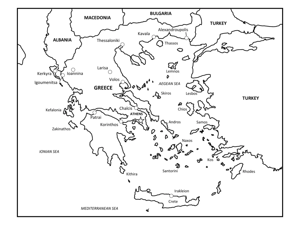 Labeled regional map naming Albania, Macedonia, Bulgaria and Turkey plus the Aegean, Ionian and Mediterranean seas