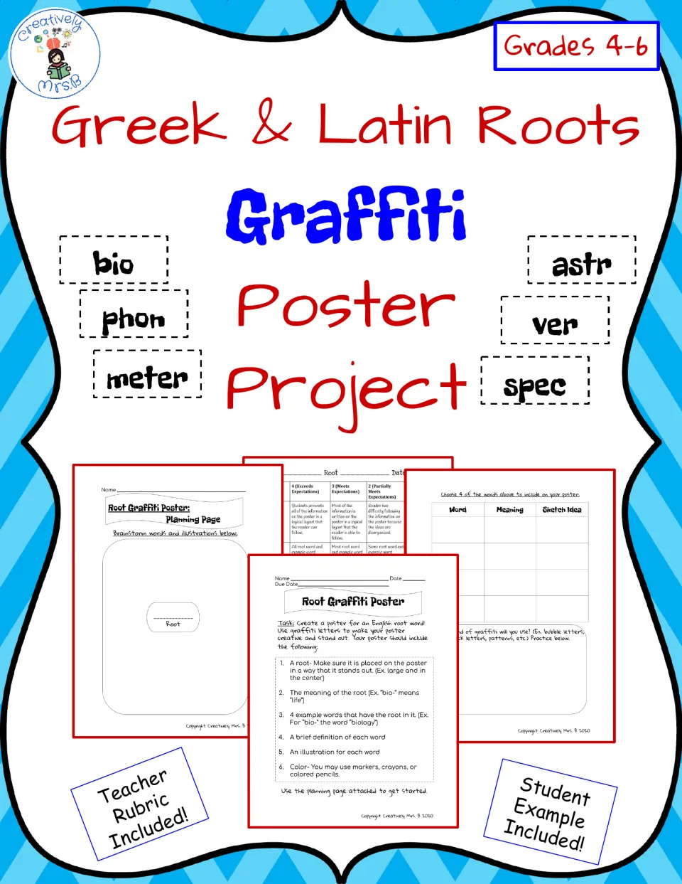 Graffiti Poster Project cover: Greek & Latin roots such as bio, phon and spec, with teacher rubric and student example