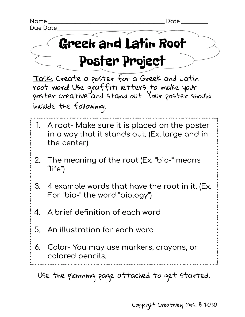 Poster task sheet: students make a graffiti-lettered poster with a root, its meaning, 4 example words, definitions and art