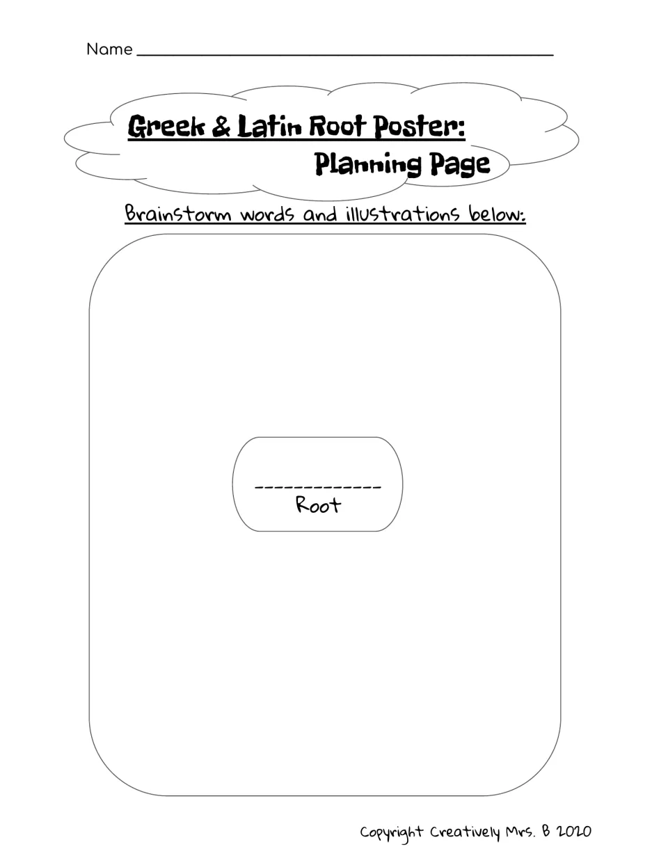 Planning page: students write their chosen root in the centre and brainstorm related words and illustrations around it