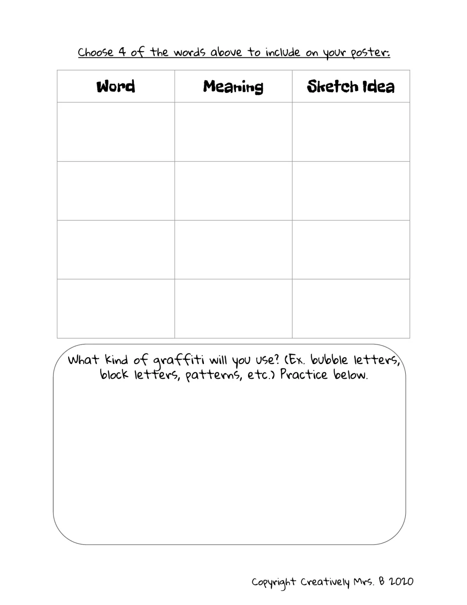 Word choice planner: students pick 4 root words, record each meaning and sketch idea, then practice graffiti lettering