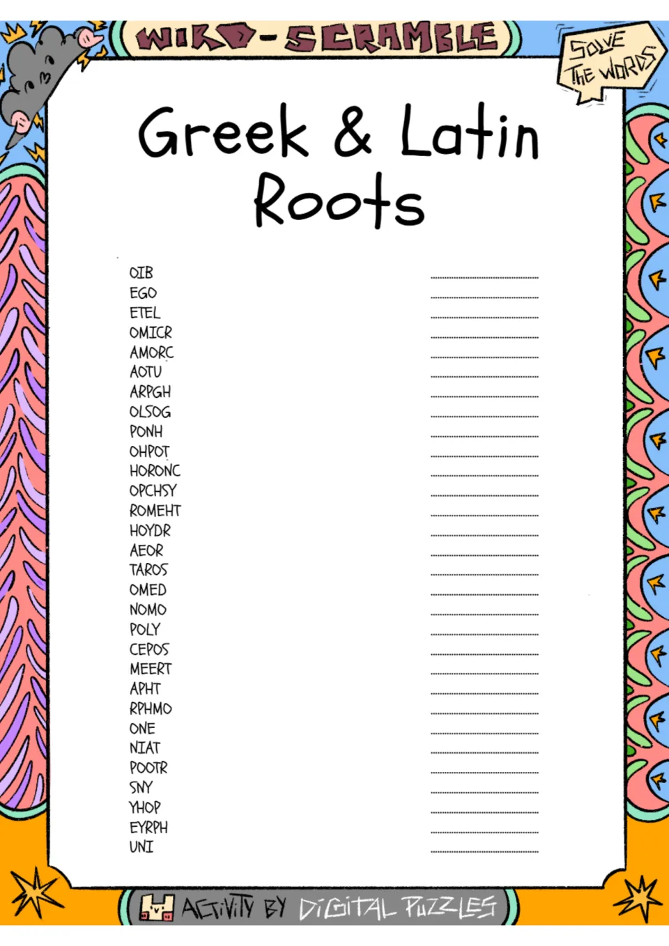 Greek and Latin roots word scramble: students unscramble 30 roots such as OIB, ETEL and OMICR and write each one