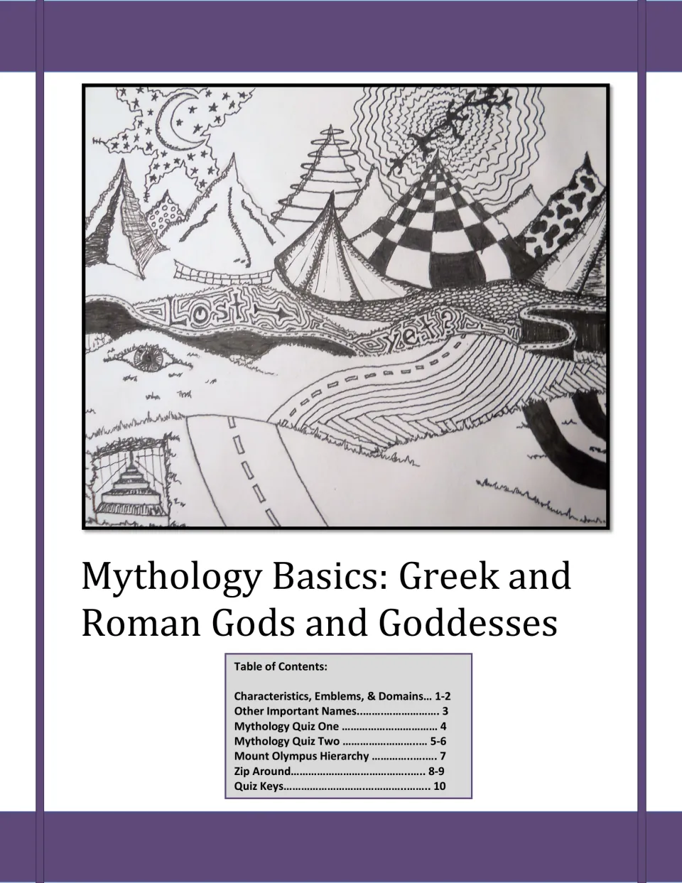 Mythology Basics cover: pen-and-ink mountain drawing and contents listing quizzes, hierarchy chart, Zip Around and keys