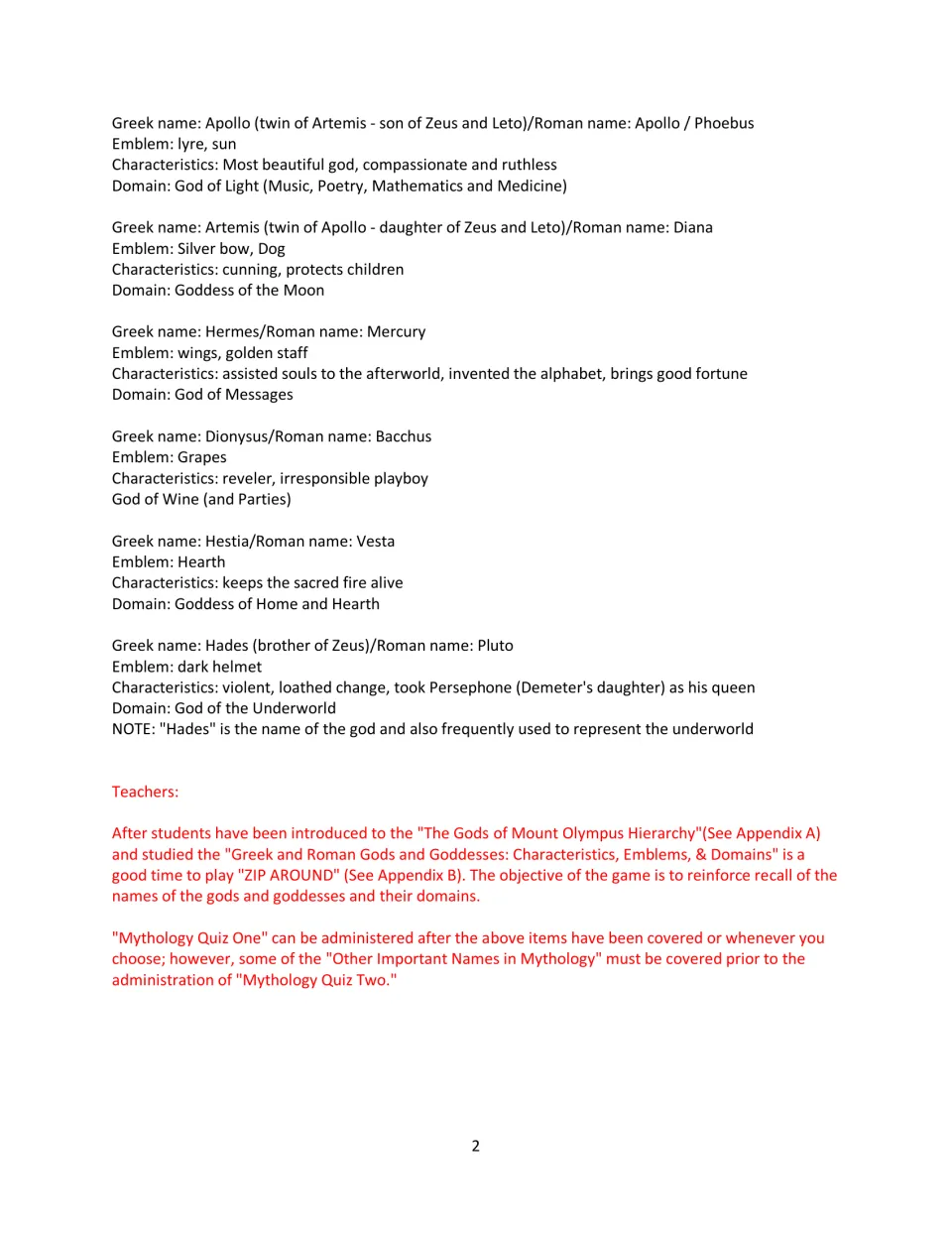 Olympian notes continued for Apollo, Artemis, Hermes, Dionysus, Hestia and Hades, plus teacher pacing notes