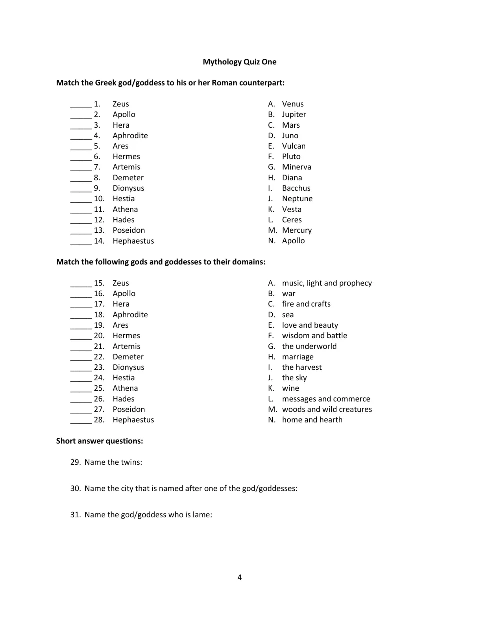 Mythology Quiz One: students match 14 Greek gods to Roman counterparts and their domains, then answer 3 short questions