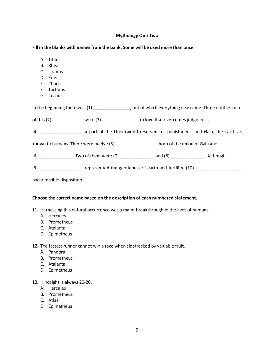 Mythology Quiz Two: fill-in-the-blank creation story from a word bank, then multiple-choice on Prometheus and Atalanta