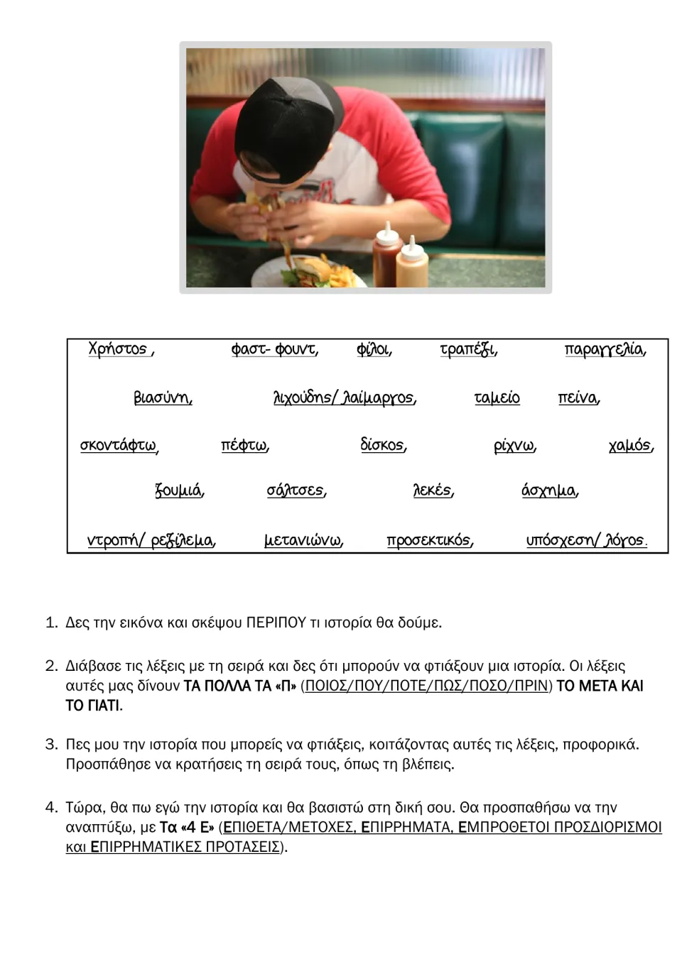 Greek story starter: burger photo, vocabulary about Christos's fast-food mishap, and oral storytelling steps