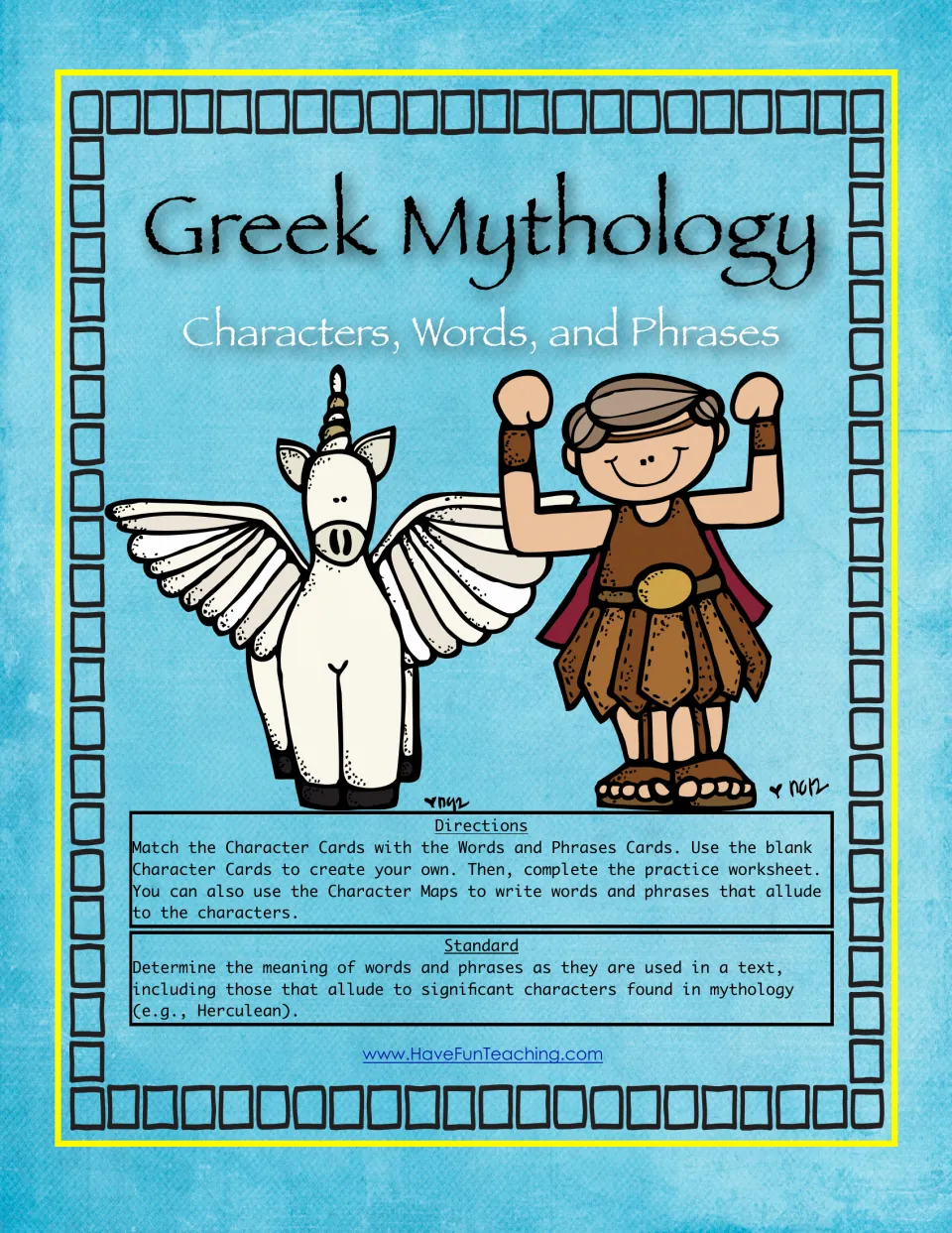 Greek Mythology Characters, Words, and Phrases cover with directions for matching cards and a mythology allusion standard