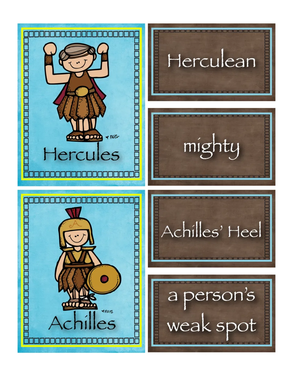 Matching cards for Hercules and Achilles with word cards: Herculean, mighty, Achilles' Heel and a person's weak spot