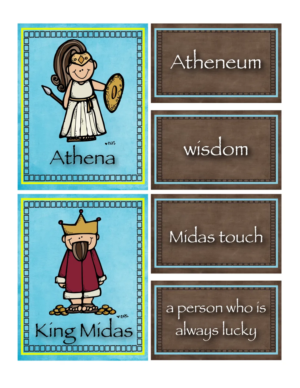 Matching cards for Athena and King Midas with word cards: Atheneum, wisdom, Midas touch and a person who is always lucky
