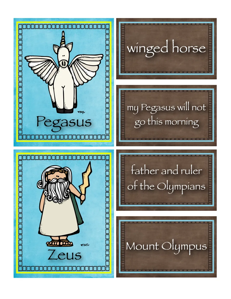 Cards for Pegasus and Zeus: winged horse, my Pegasus will not go this morning, ruler of the Olympians, Mount Olympus