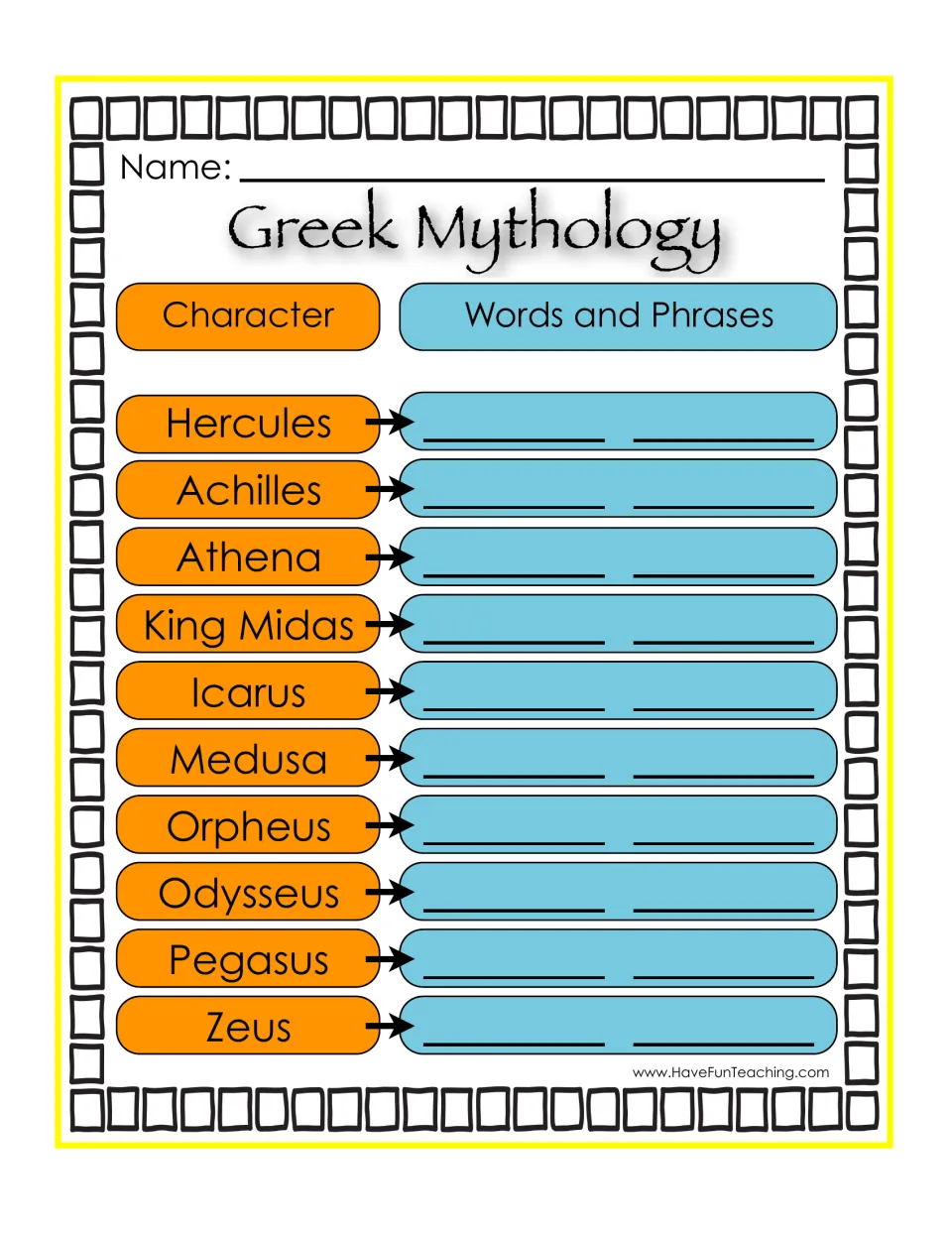 Mythology allusions practice: students write two words or phrases beside each of 10 characters, from Hercules to Zeus