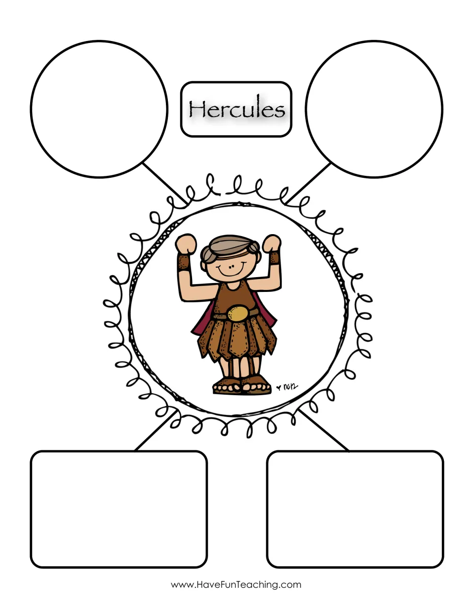 Hercules character map: students write words and phrases that allude to Hercules around a picture of the hero