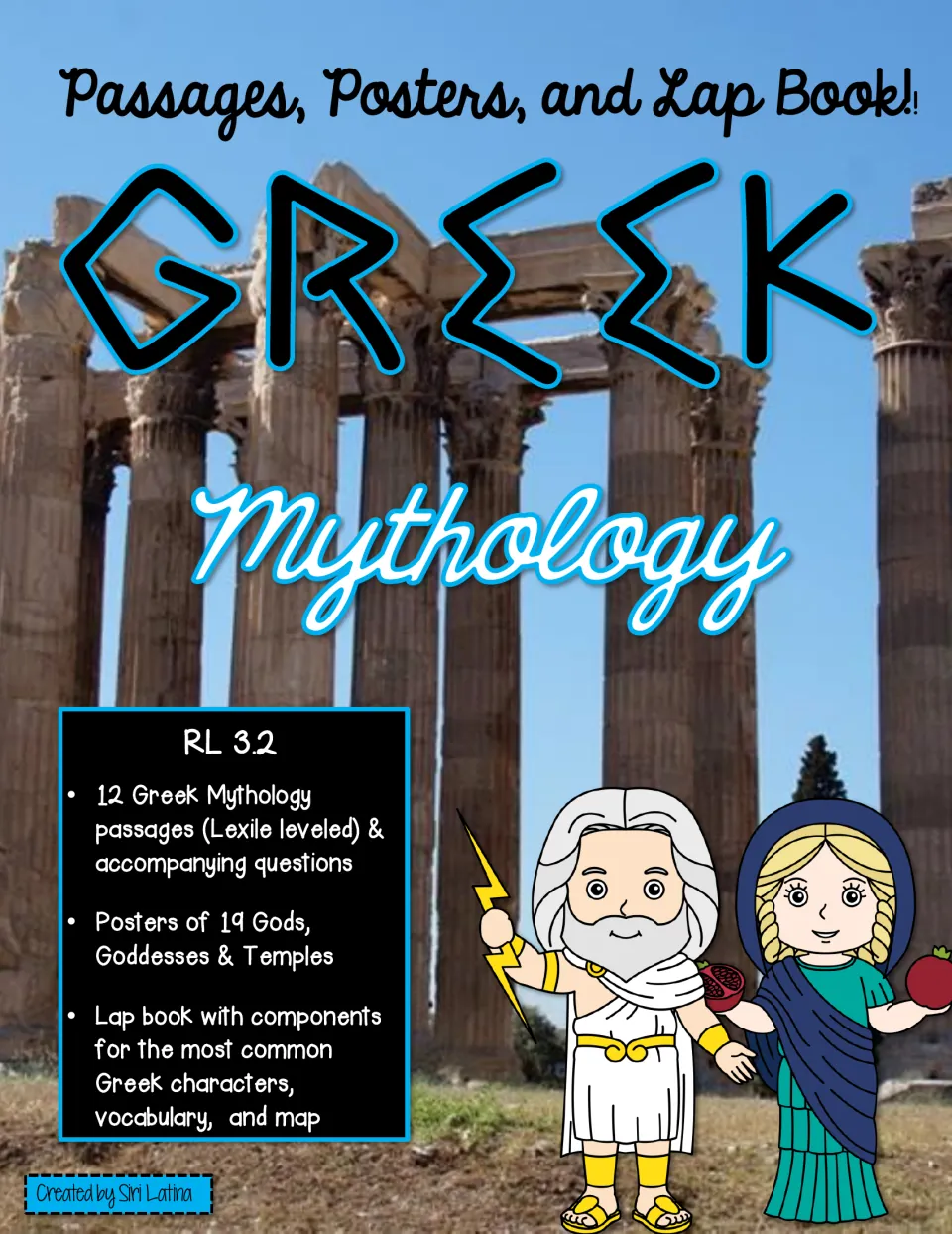 Greek myths cover: RL 3.2 resource with 12 Lexile-leveled passages and questions, 19 god and temple posters and a lap book