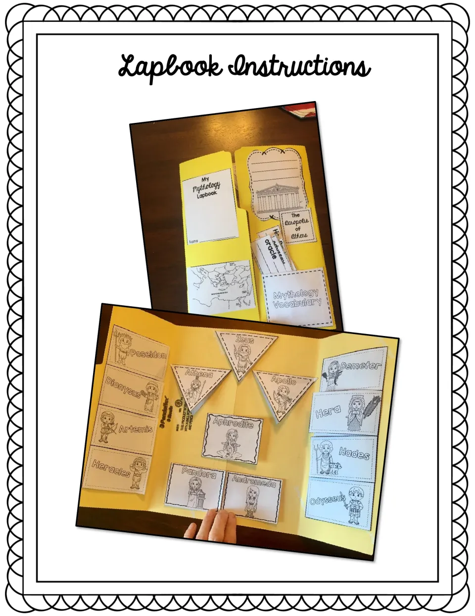 Lapbook photo example: finished yellow folder with nameplate, Acropolis flap, vocab pocket and lift-flaps of gods