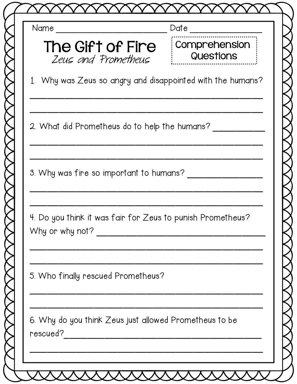 The Gift of Fire comprehension: six written questions on why Zeus was angry, why fire mattered and who freed Prometheus