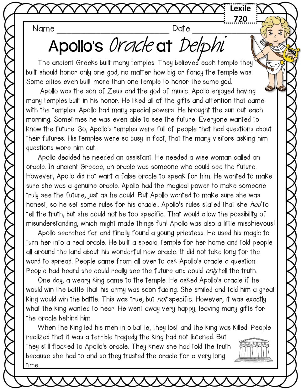 Apollo's Oracle at Delphi: Lexile 720 myth of Apollo's truthful oracle and the king who misread her answer