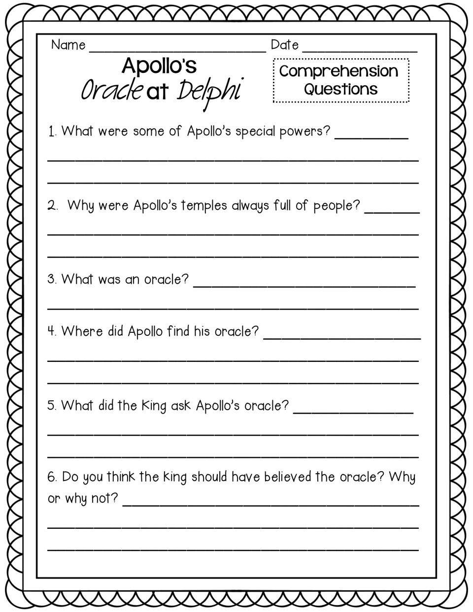 Apollo's Oracle questions: students write about Apollo's powers, what an oracle is and if the king should trust her